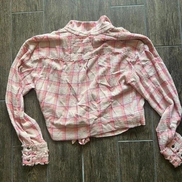 We The Free Pink Free People Plaid Wrap‎ Shirt L - Picture 5 of 6